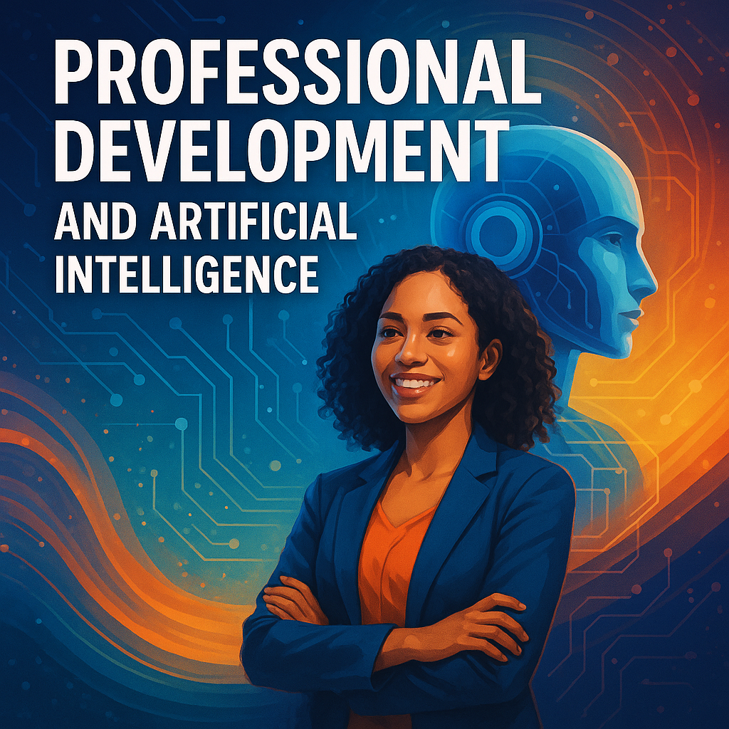 Imagen de un prototipo de robot con inteligencia artificial, acompañando a una profesional que ha logrado ser una con la ia.